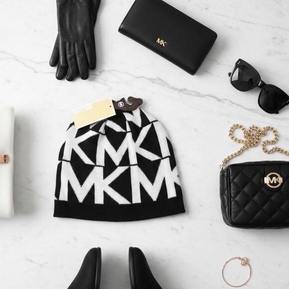 MICHAEL Michael Kors Accessories - Michael Kors Black & White Logo Knit Beanie